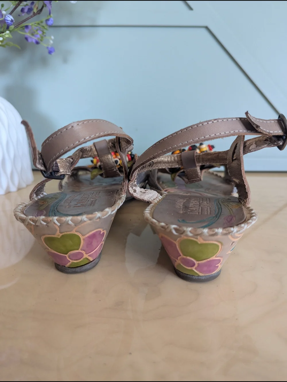 Taupe Floral Beaded Women’s Sandals with Ankle Strap